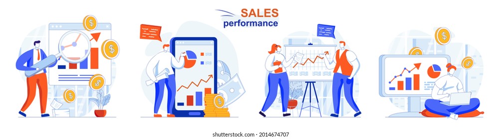 Sales performance concept set. Statistics analysis, data analytics, income growth. People isolated scenes in flat design. Vector illustration for blogging, website, mobile app, promotional materials.