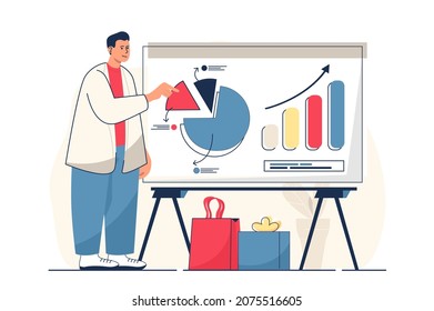 Sales performance concept for web banner. Man analyzes financial data, makes presentation, business statistics modern person scene. Vector illustration in flat cartoon design with people characters