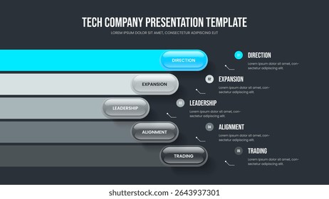 Sales Performance Five Element Infographic Presentation Layout. Corporate Review 5 Step Diagram Frame Template. Modern Planning Slideshow Design Vector Illustration.
