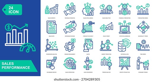 Conjunto de colecciones de iconos de rendimiento de ventas. Crecimiento de ventas, estimación de ingresos, inteligencia de ventas, análisis de ventas. Iconos de vector de color de línea.