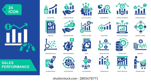 Sales Performance icon collection set. Sales Growth,Revenue Estimation,Sales Intelligence,Sales Analytics. Line Color vector icons.