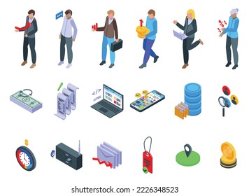 Sales performance icons set isometric vector. Service digital. Self economy
