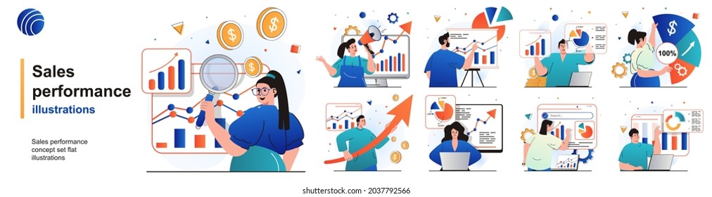 Sales performance isolated set. Financial profit growth, increase in earnings. People collection of scenes in flat design. Vector illustration for blogging, website, mobile app, promotional materials. svg