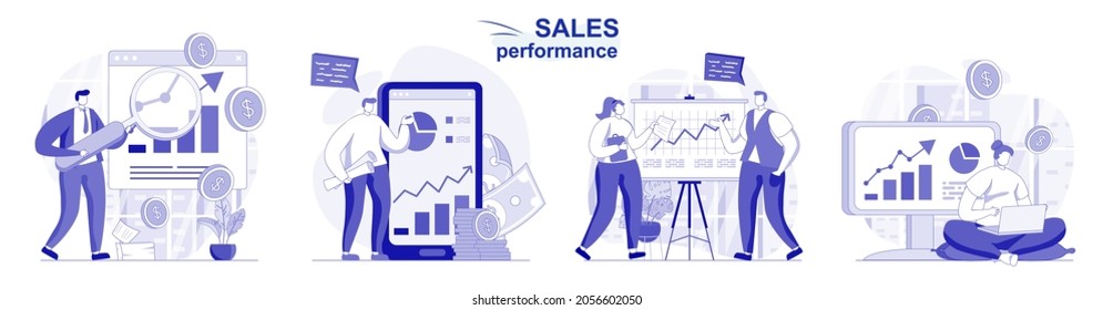 Sales performance isolated set in flat design. People analyzing financial data, earnings increase , collection of scenes. Vector illustration for blogging, website, mobile app, promotional materials.