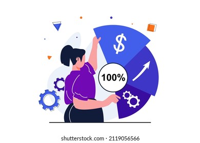 Sales performance modern flat concept for web banner design. Woman analyst conducts accounting, analyzes and optimizes expenses and incomes of business. Vector illustration with isolated people scene