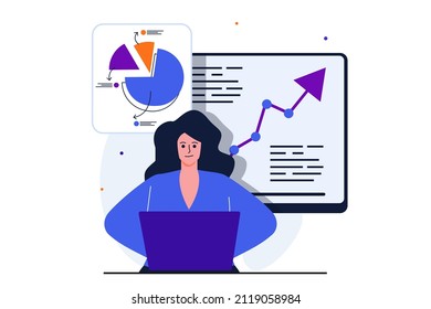Sales performance modern flat concept for web banner design. Woman marketer analyzes business statistics, increases profits and plans financial goals. Vector illustration with isolated people scene