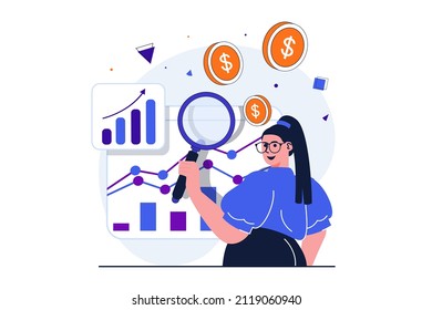 Sales Performance Modern Flat Concept For Web Banner Design. Woman Studies Market And Business Statistics, Develops Strategy, Investing, Making Profit. Vector Illustration With Isolated People Scene