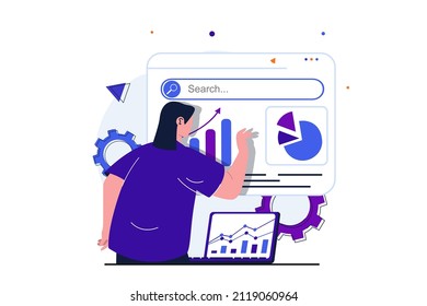 Rendimiento de ventas concepto plano moderno para el diseño de banners web. Woman analiza datos financieros en tablero, trabaja en laptop y estudia estadísticas de beneficios. Ilustración vectorial con la escena de personas aisladas