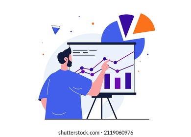 Sales performance modern flat concept for web banner design. Man analyzes company financial data and makes presentation, accountancy and management. Vector illustration with isolated people scene
