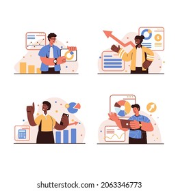 Sales performance people concept isolated scenes set. Men and women analyze financial statistics, develop successful marketing strategy, increase business profits. Vector illustration in flat design