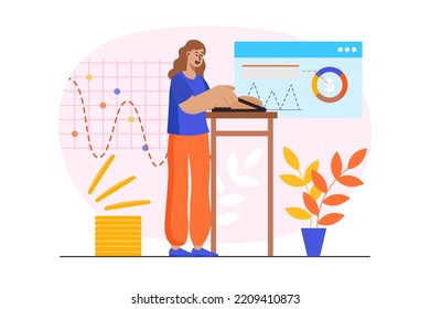 Sales performance pink concept with people scene in the flat cartoon design. Worker presents sales profit in the form of tables. Vector illustration.