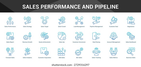 Verkaufsleistung und Pipeline Zusammenfassende minimalistische Vektorsymbole, die wichtige Ideen mit visueller Klarheit darstellen