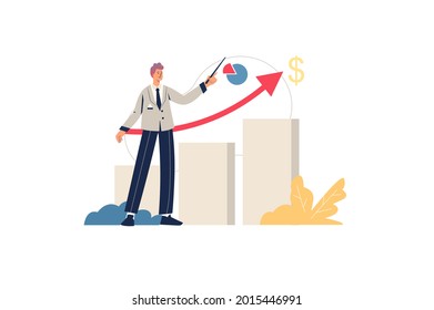 Sales performance web concept. Male marketer shows profit growth, successful business development, analyzes financial statistics, minimal people scene. Vector illustration in flat design for website