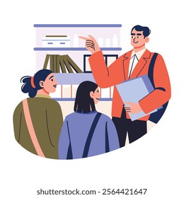 Sales person interacting with clients, flat illustration 

