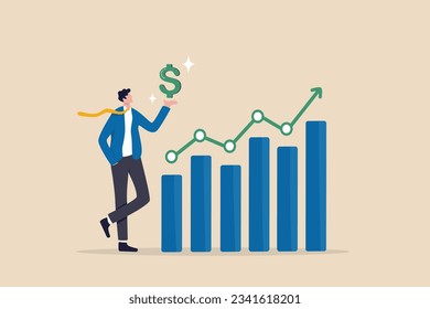 Sales person, marketing or investment professional, earning profit or sale commission money, growth planning or success financial advisor concept, confident businessman hold dollar with growth chart.
