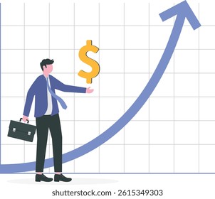 Sales person, marketing or investment professional, earning profit or sale commission money, growth planning or success financial advisor concept, confident businessman hold dollar with growth chart.
