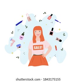 Sales person stand around beaury products. Colored vector illustration. Cute young woman and cosmetics. Mascara, pencil, cream, roller, face massager, toner, lipstick. Make up and cosmetics sale. 