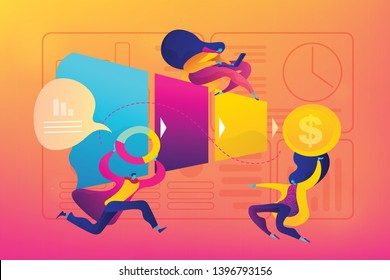 Sales pipeline management, representation of sales prospects lifecycle concept. Vector isolated concept illustration with tiny people and floral elements. Hero image for website.