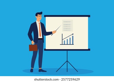 Sales pitch in action!  Businessman presenting a business idea or opportunity on a whiteboard.  Convincing clients and closing deals concept.  Marketing and sales.