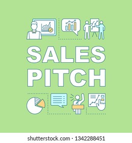 Sales pitch concept icon. Marketing. Sales presentation. Market analytics. Business seminar, coaching. Isolated lettering typography idea with linear icons. Vector outline illustration