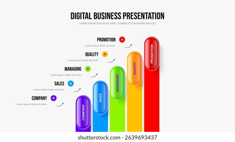 Sales Plan 5 Step Diagram Presentation Layout. Corporate Briefing Frame Design Vector Illustration. Company Growth Five Element Infographic Slide Template.