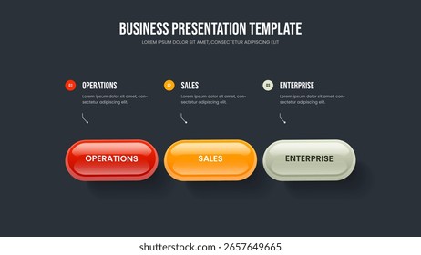 Sales Plan Slide Design Vector Illustration. Market Review 3 Step Diagram Slideshow Template. Financial Portfolio Three Element Infographic Frame Layout.