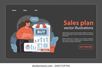 Sales Plan Strategy. A strategic approach to enhancing online shopping experience with a focus on sales conversion. Detailed charts measure progress and success. Flat vector illustration.