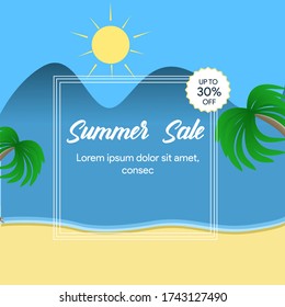 Sales Poster Template. Summer Background. Sea waves, sun shine, coconut leaves, mountains and. Vector illustration