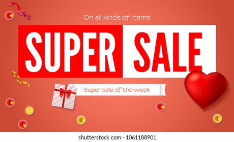 Sales poster with text design and presents. Super sales of the week discount. Gift box, big red heart, burning candle. Ad poster for shopping or marketing events, 3D illustration