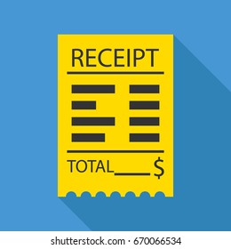 Sales printed receipt flat icon. Shopping paper ATM bill. Long shadow. Vector illustration.