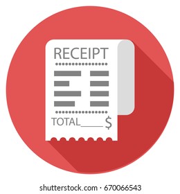 Sales printed receipt flat icon. Shopping paper ATM bill. Long shadow. Vector illustration.