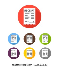 Sales printed receipt flat icons set. Shopping paper ATM bill. Long shadow. Vector illustration.