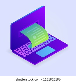 Sales printed receipt from the notebook screen. Electronic bill payment, online payment. Isometric vector illustration suitable for info graphics, websites.
