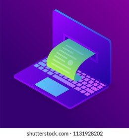 Sales printed receipt from the notebook screen. Electronic bill payment, online payment. Isometric vector illustration suitable for info graphics, websites.