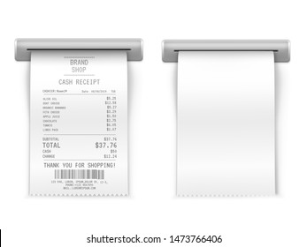 Sales printed receipt, shopping paper bill atm vector mockup. Paper check and financial check isolated