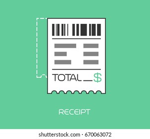 Sales printed receipt. Shopping paper ATM bill. Flat icon. Vector illustration.