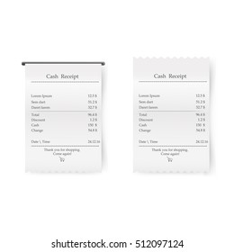 Sales printed receipt vector. Bill atm template, cafe, shopping or restaurant paper financial check isolated on white background. Realistic vector illustration