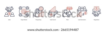 Sales Process banner web icon set vector illustration concept with icon of  sales, target market, prospecting, sales funnel, pitch, lead generation, negotiation