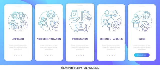 Pantalla de aplicación móvil de gradiente azul del proceso de ventas. Recorrido de marketing de productos 5 pasos de instrucciones gráficas con conceptos lineales. UI, UX, plantilla GUI. Multitud de tipos de letra Pro-Bold, con uso regular