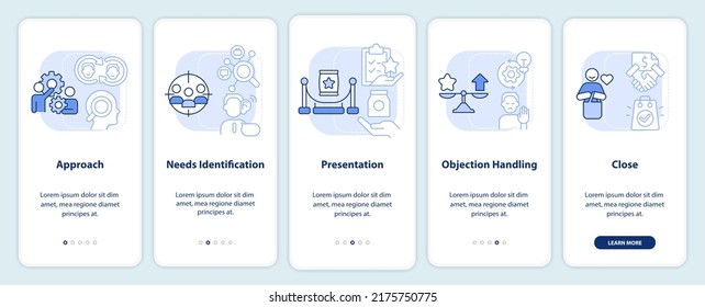 Proceso de ventas pantalla de aplicación móvil de inicio azul claro. Recorrido comercial 5 pasos instrucciones gráficas editables con conceptos lineales. UI, UX, plantilla GUI. Multitud de tipos de letra Pro-Bold, con uso regular