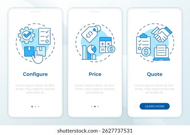 Sales process management blue onboarding mobile app screen. Walkthrough 3 steps editable graphic instructions with linear concepts. UI, UX, GUI