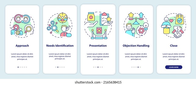 Sales process onboarding mobile app screen. Products and marketing walkthrough 5 steps editable graphic instructions with linear concepts. UI, UX, GUI template. Myriad Pro-Bold, Regular fonts used