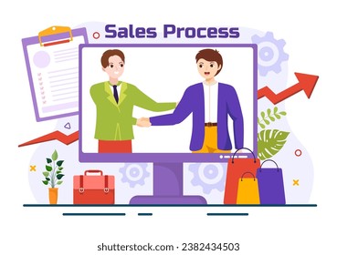 Sales Process Vector Illustration with Steps of Communication for Attracting New Customers and Making profit in Business Strategy Flat Background