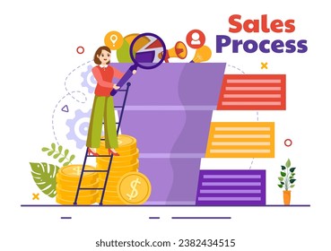 Sales Process Vector Illustration with Steps of Communication for Attracting New Customers and Making profit in Business Strategy Flat Background