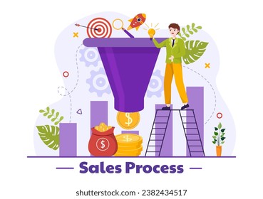 Sales Process Vector Illustration with Steps of Communication for Attracting New Customers and Making profit in Business Strategy Flat Background