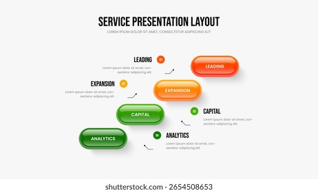 Perfil de ventas Diseño de presentación infográfica de 4 elementos. Plantilla de presentación de diapositivas de diagrama de cuatro opciones de Cartera de servicio. Ilustración vectorial de diseño de diapositiva de previsión de proyecto.
