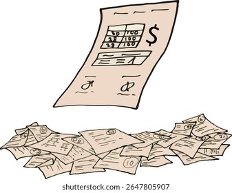 Sales profit recap paper and a bunch of other papers scattered underneath it vector illustration