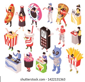 Sales promoters characters advertising fastfood and electronics products stands costumes portable counters isometric set isolated vector illustration 