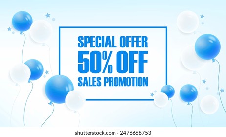 Sales Promotion with 3D Balloon Background and Banner. Realistic Blue and White Air Balloons, Stars on Blue Background for Special Offer, Shop Grand Opening Celebration. Vector Illustration