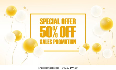 Sales Promotion with 3D Balloon Background and Banner. Realistic Golden Yellow and White Air Balloons, Stars on Yellow Background for Special Offer, Shop Grand Opening Celebration. Vector Illustration